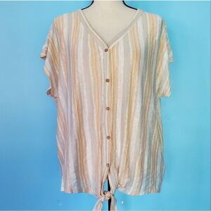 Rachel Zoe Multicolored Striped Knotted Front 100% Linen Button Up Shirt